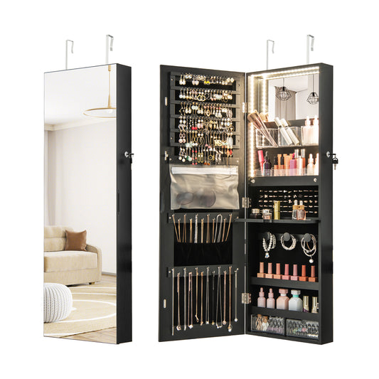 Wall Mounted Jewelry Armoire with Frameless Full-Length Mirror and Lockable Storage – Black