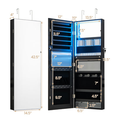 Wall Mounted Jewelry Armoire with Frameless Full-Length Mirror and Lockable Storage – Black