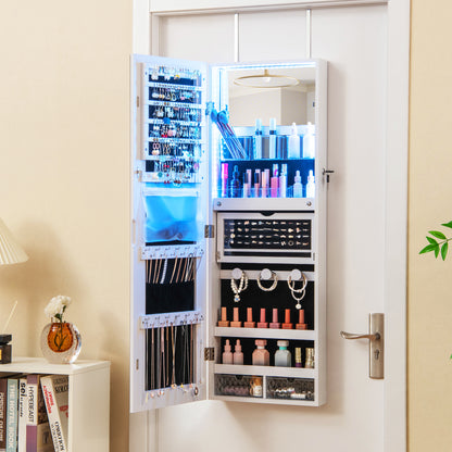 Wall Mounted Jewelry Armoire with Frameless Full-Length Mirror and Lockable Storage – White