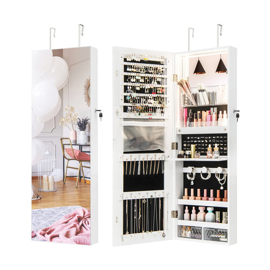 Wall Mounted Jewelry Armoire with Frameless Full-Length Mirror and Lockable Storage – White
