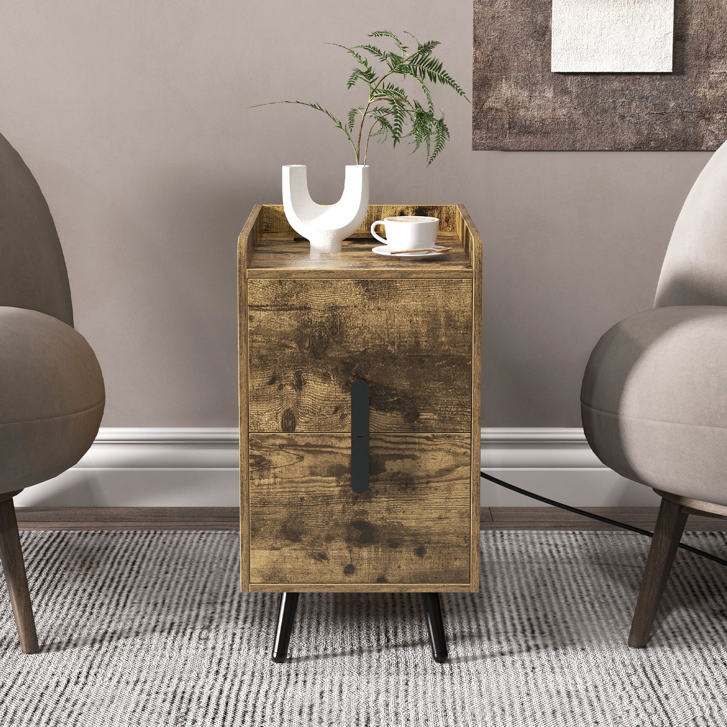 Modern Nightstand Side Table with 2 Drawers and 2 USB Ports – Rustic Brown