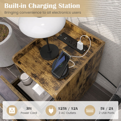 Modern Nightstand Side Table with 2 Drawers and 2 USB Ports – Rustic Brown