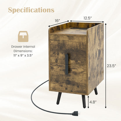 Modern Nightstand Side Table with 2 Drawers and 2 USB Ports – Rustic Brown