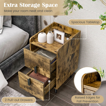 Modern Nightstand Side Table with 2 Drawers and 2 USB Ports – Rustic Brown