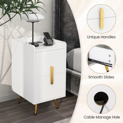 Modern Nightstand Side Table with 2 Drawers and 2 USB Ports – White