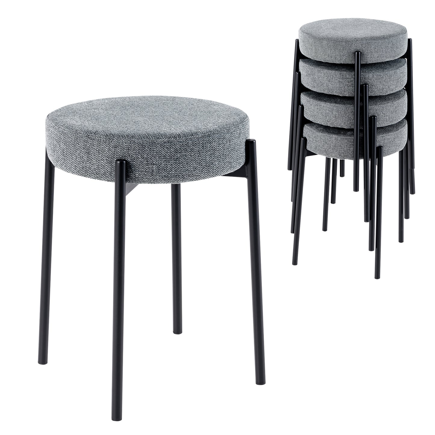 Set of 4 Upholstered Bar Stools with Linen Seats and Non-Slip Foot Pads, Light Grey