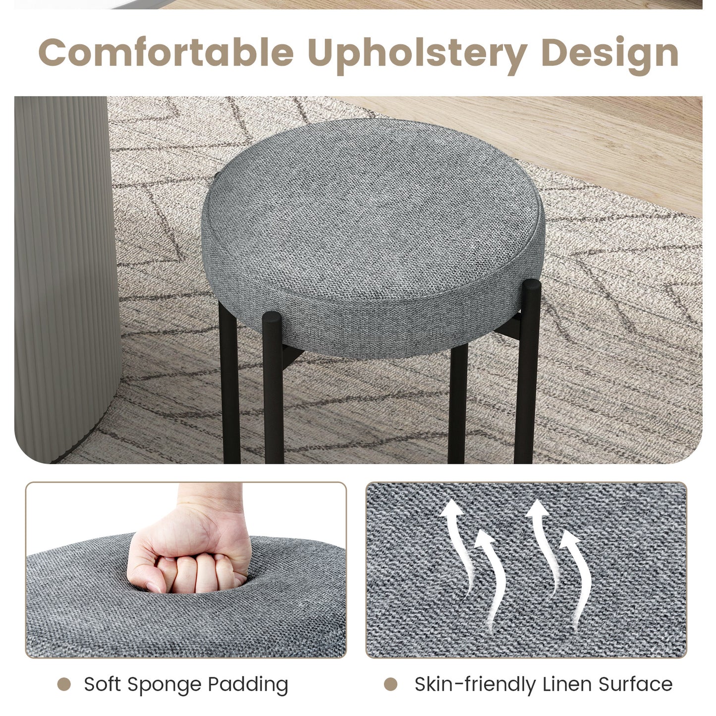 Set of 4 Upholstered Bar Stools with Linen Seats and Non-Slip Foot Pads, Light Grey