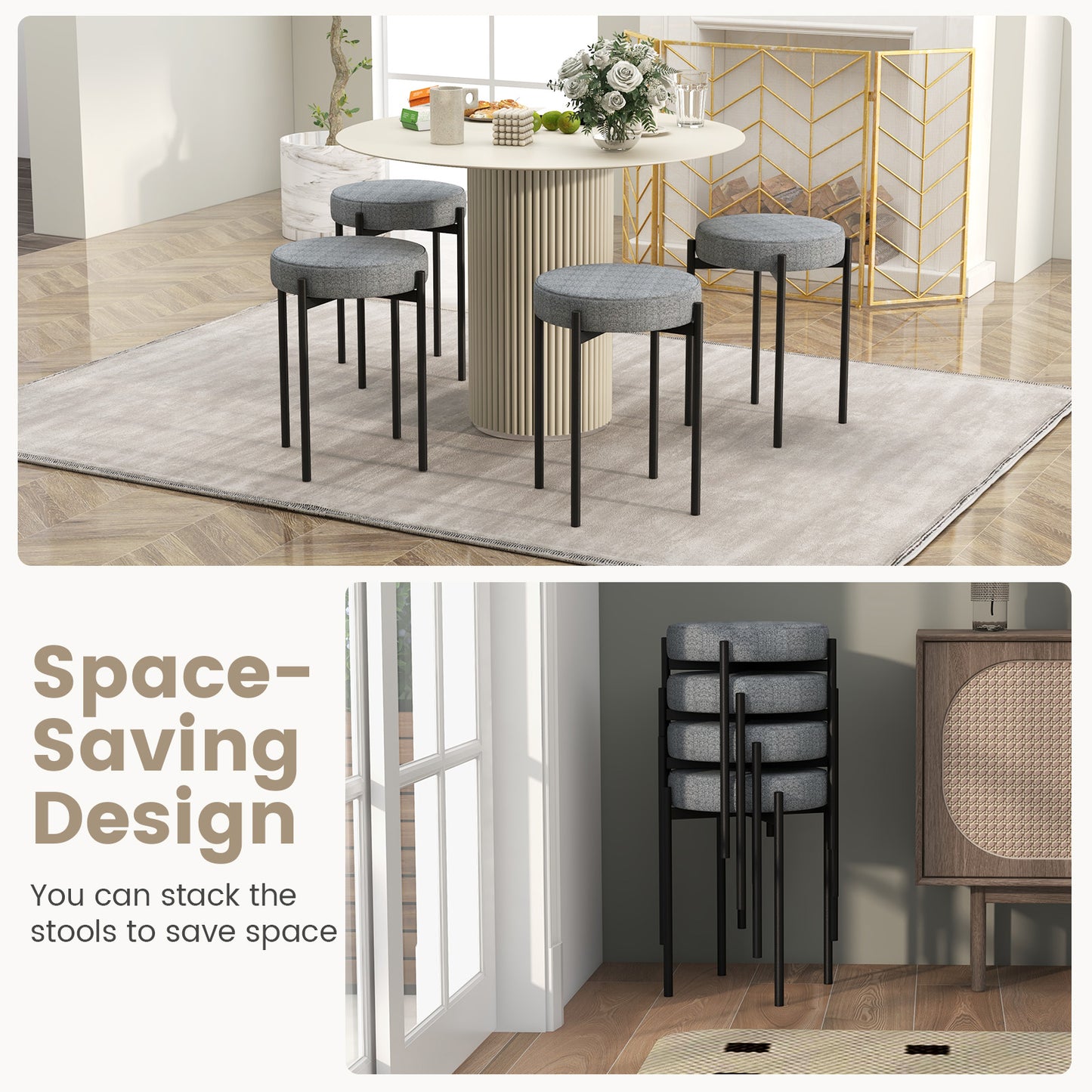 Set of 4 Upholstered Bar Stools with Linen Seats and Non-Slip Foot Pads, Light Grey