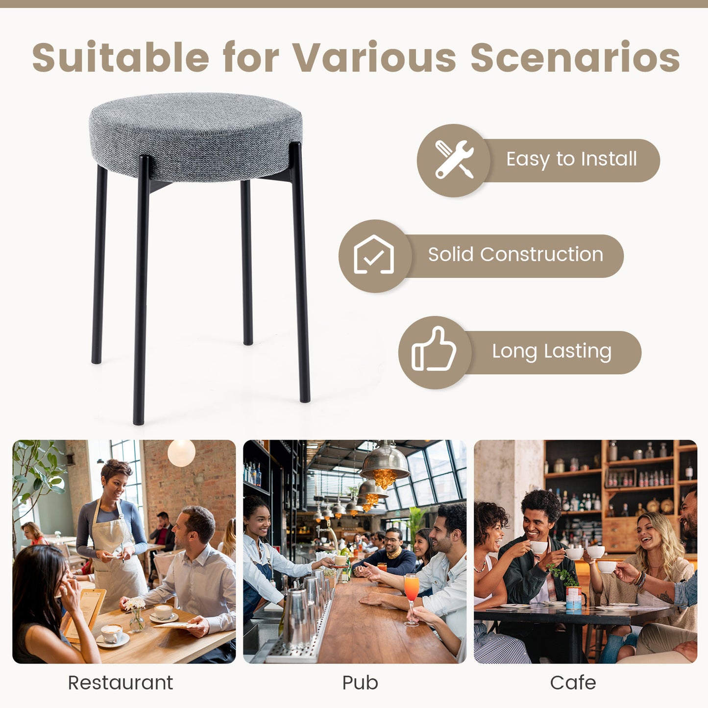 Set of 4 Upholstered Bar Stools with Linen Seats and Non-Slip Foot Pads, Light Grey