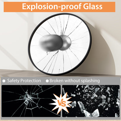 24 Inch Black Circle Bathroom Mirror with Shatterproof Glass and Explosion-Proof Film