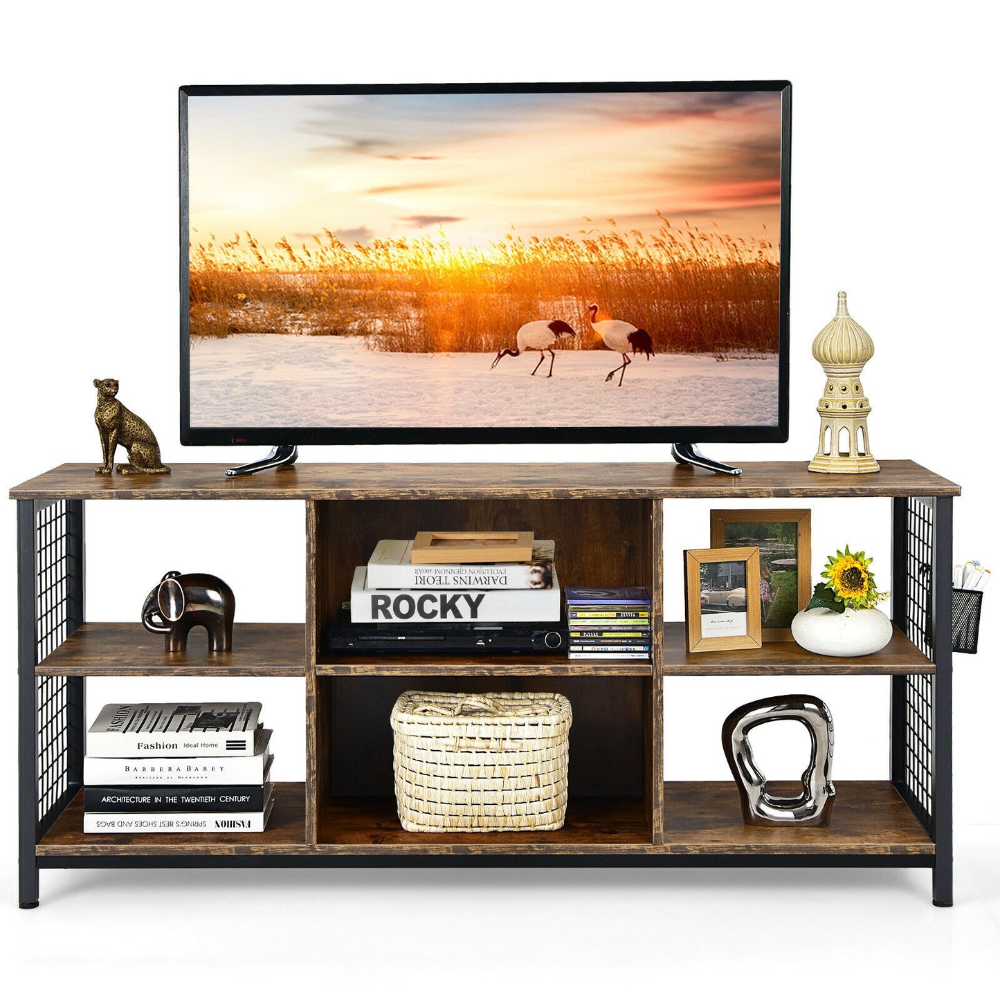 Rustic Mid-Century TV Console with Adjustable Shelves and Removable Storage Basket for 65 Inch TVs