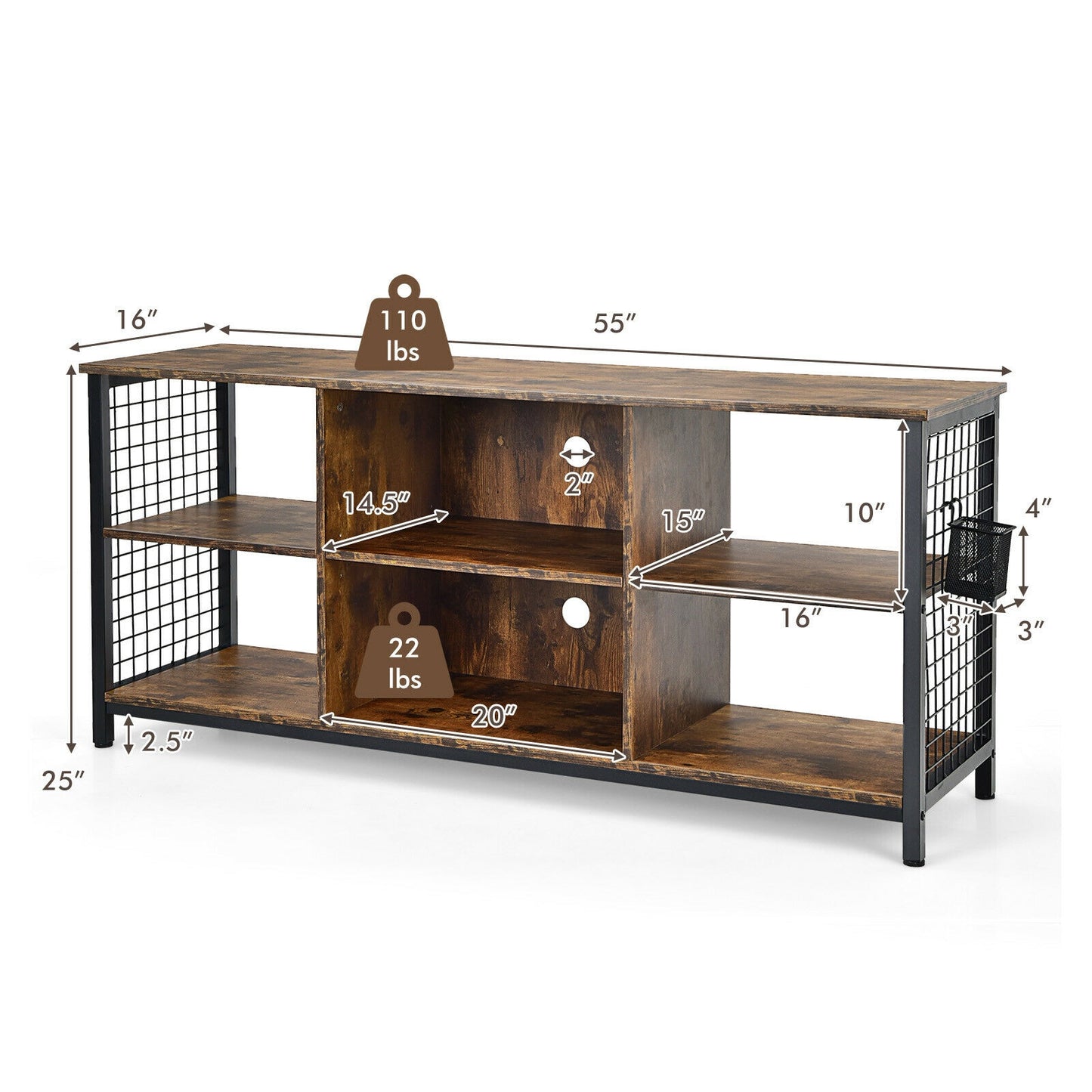 Rustic Mid-Century TV Console with Adjustable Shelves and Removable Storage Basket for 65 Inch TVs