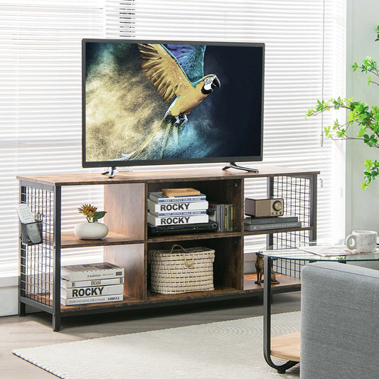 Rustic Mid-Century TV Console with Adjustable Shelves and Removable Storage Basket for 65 Inch TVs