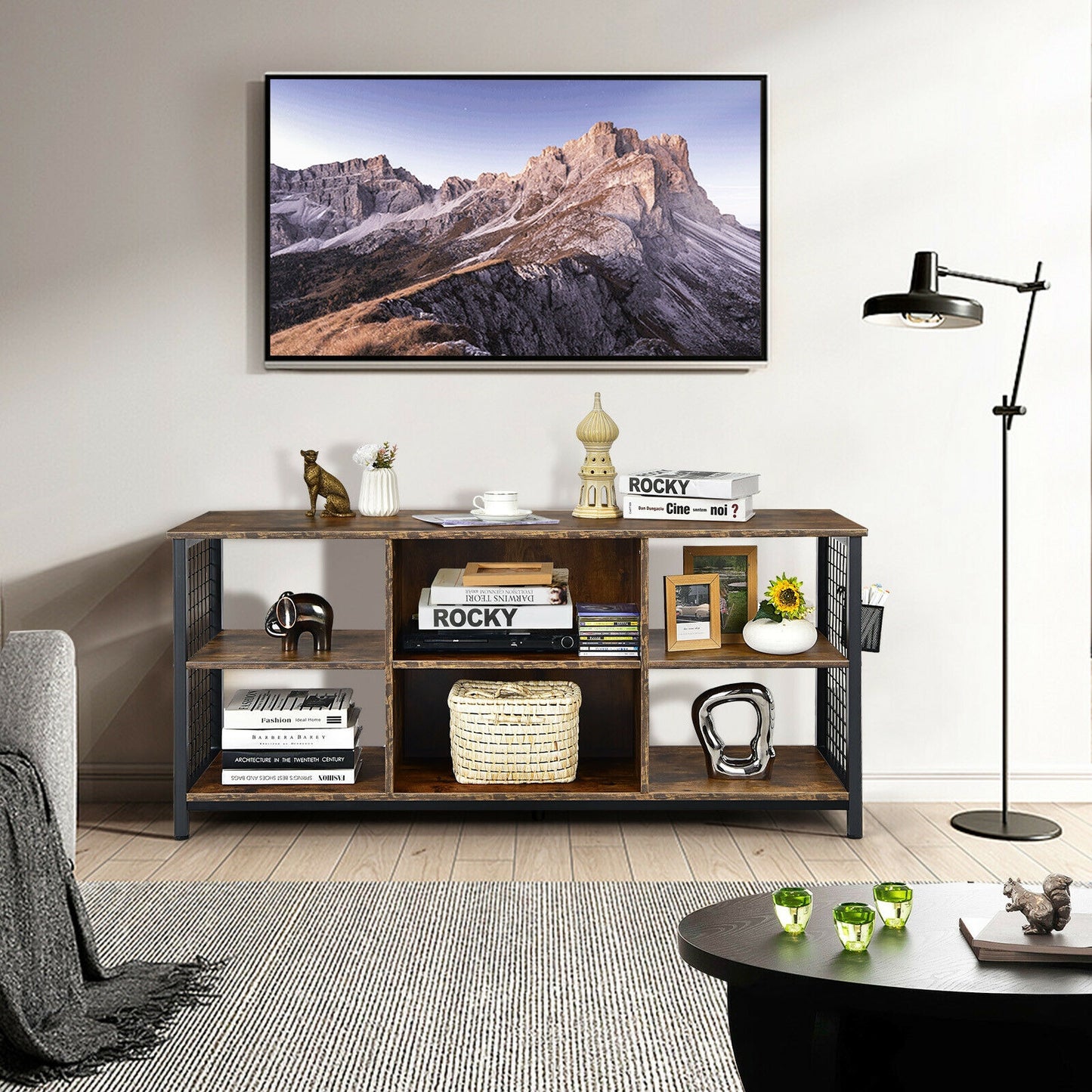 Rustic Mid-Century TV Console with Adjustable Shelves and Removable Storage Basket for 65 Inch TVs