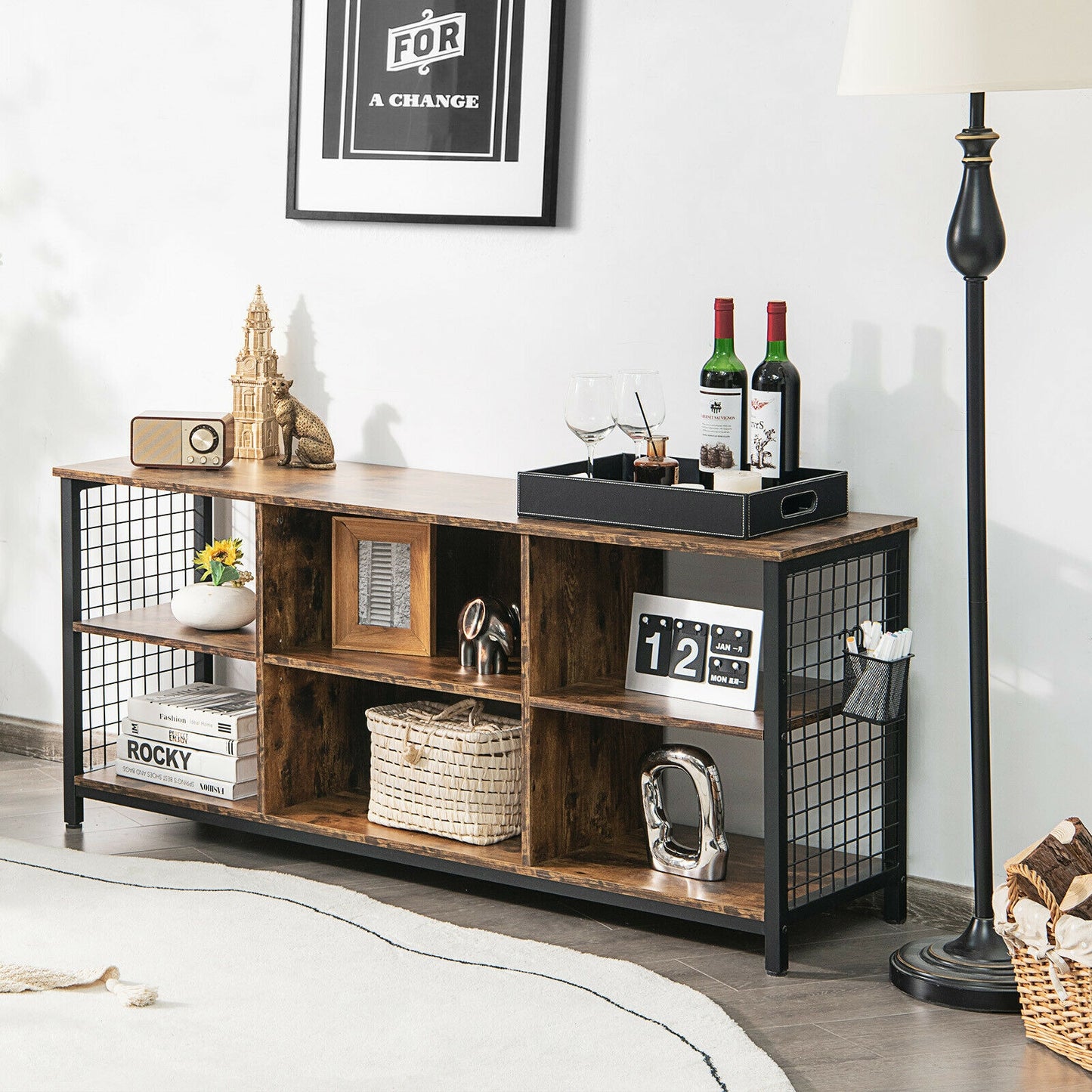 Rustic Mid-Century TV Console with Adjustable Shelves and Removable Storage Basket for 65 Inch TVs