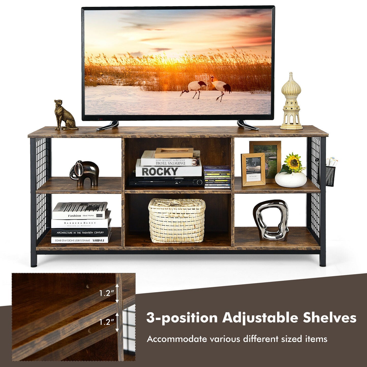 Rustic Mid-Century TV Console with Adjustable Shelves and Removable Storage Basket for 65 Inch TVs