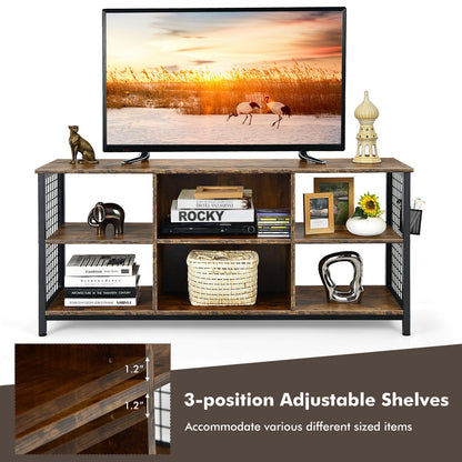 Rustic Mid-Century TV Console with Adjustable Shelves and Removable Storage Basket for 65 Inch TVs