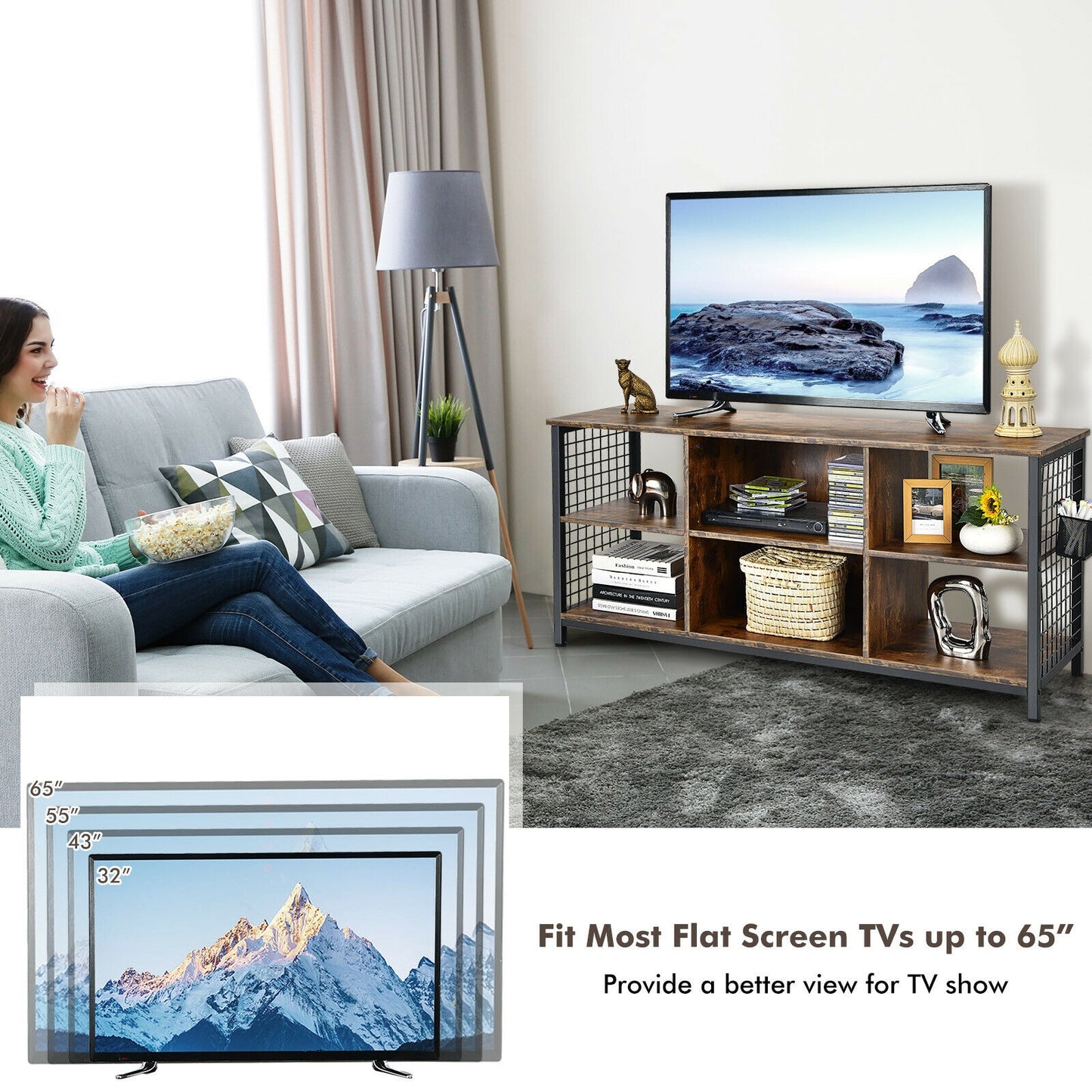 Rustic Mid-Century TV Console with Adjustable Shelves and Removable Storage Basket for 65 Inch TVs