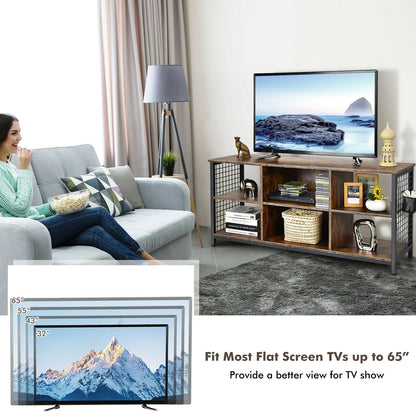 Rustic Mid-Century TV Console with Adjustable Shelves and Removable Storage Basket for 65 Inch TVs