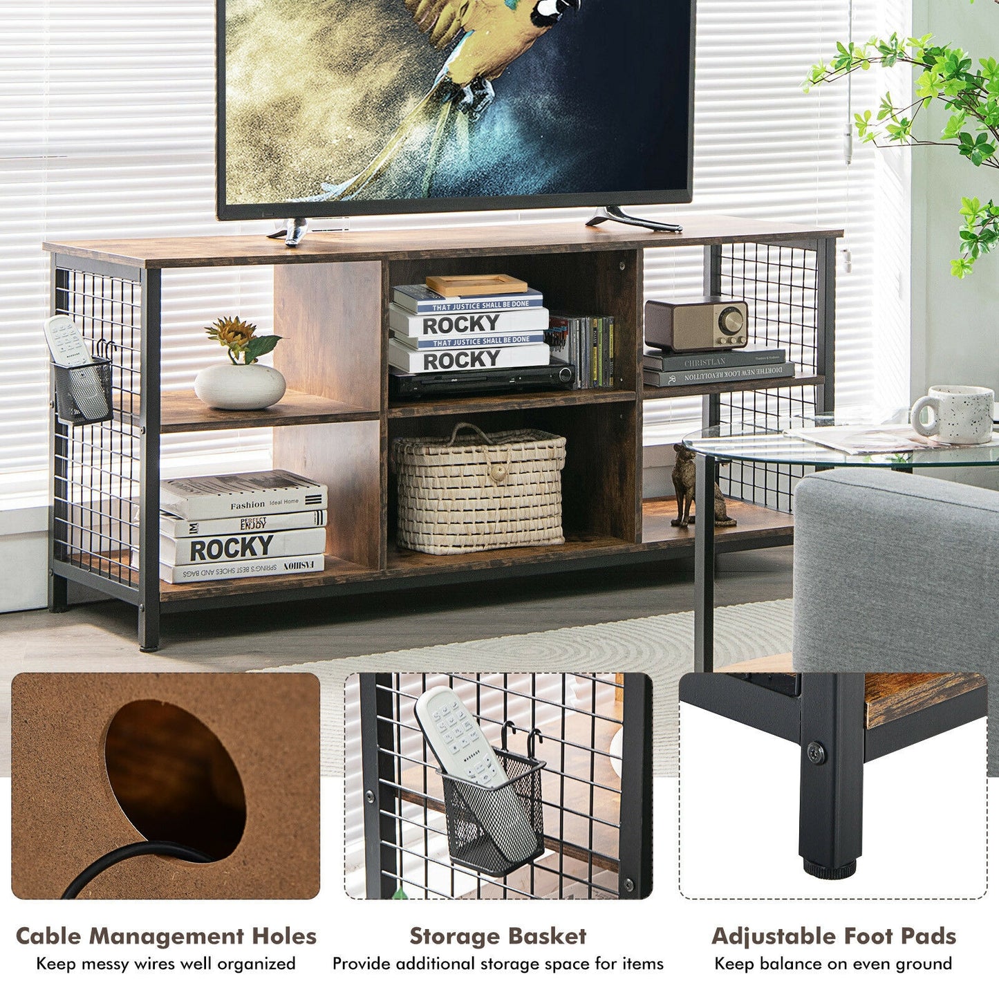 Rustic Mid-Century TV Console with Adjustable Shelves and Removable Storage Basket for 65 Inch TVs