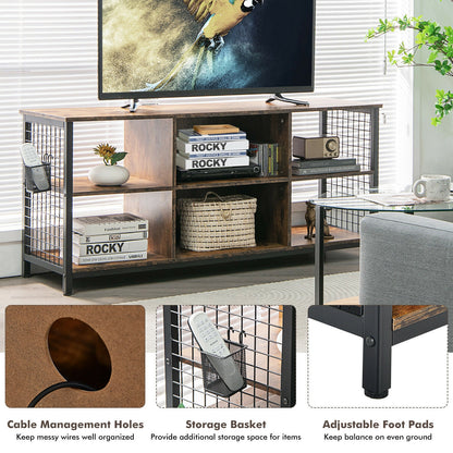 Rustic Mid-Century TV Console with Adjustable Shelves and Removable Storage Basket for 65 Inch TVs
