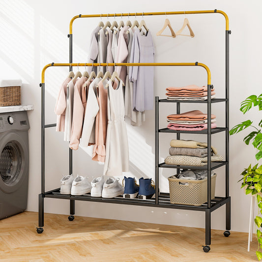 Rolling Double Rod Garment Rack with Adjustable Height, Shelves & Gold Finish - Portable Clothing Organizer