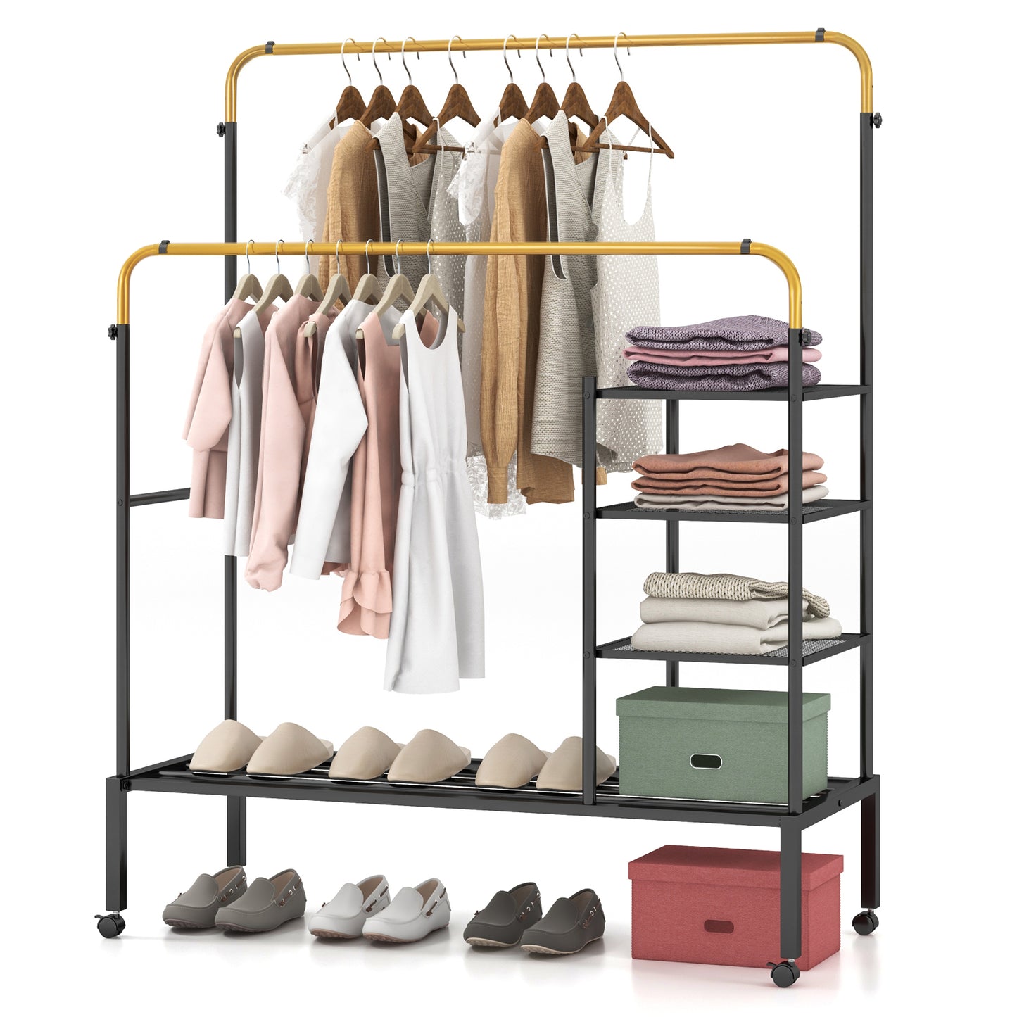 Rolling Double Rod Garment Rack with Adjustable Height, Shelves & Gold Finish - Portable Clothing Organizer