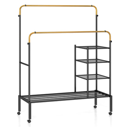 Rolling Double Rod Garment Rack with Adjustable Height, Shelves & Gold Finish - Portable Clothing Organizer