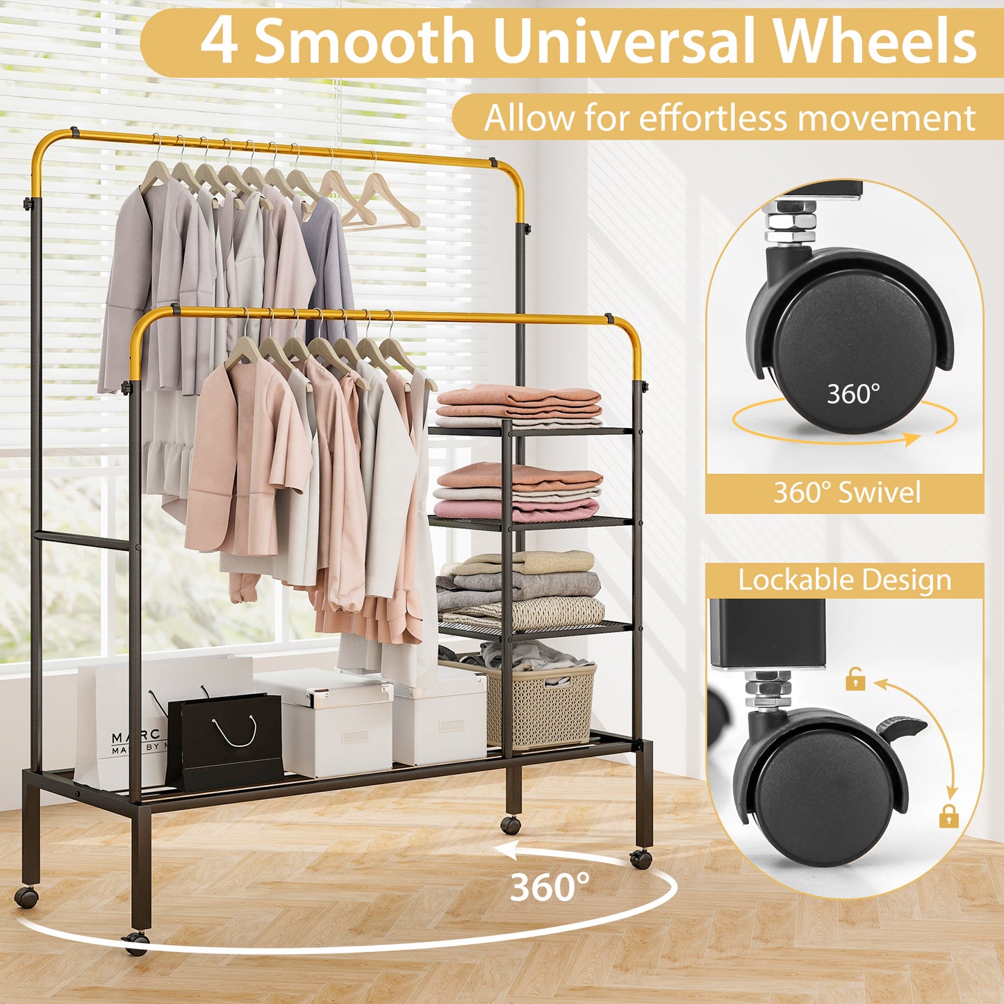 Rolling Double Rod Garment Rack with Adjustable Height, Shelves & Gold Finish - Portable Clothing Organizer