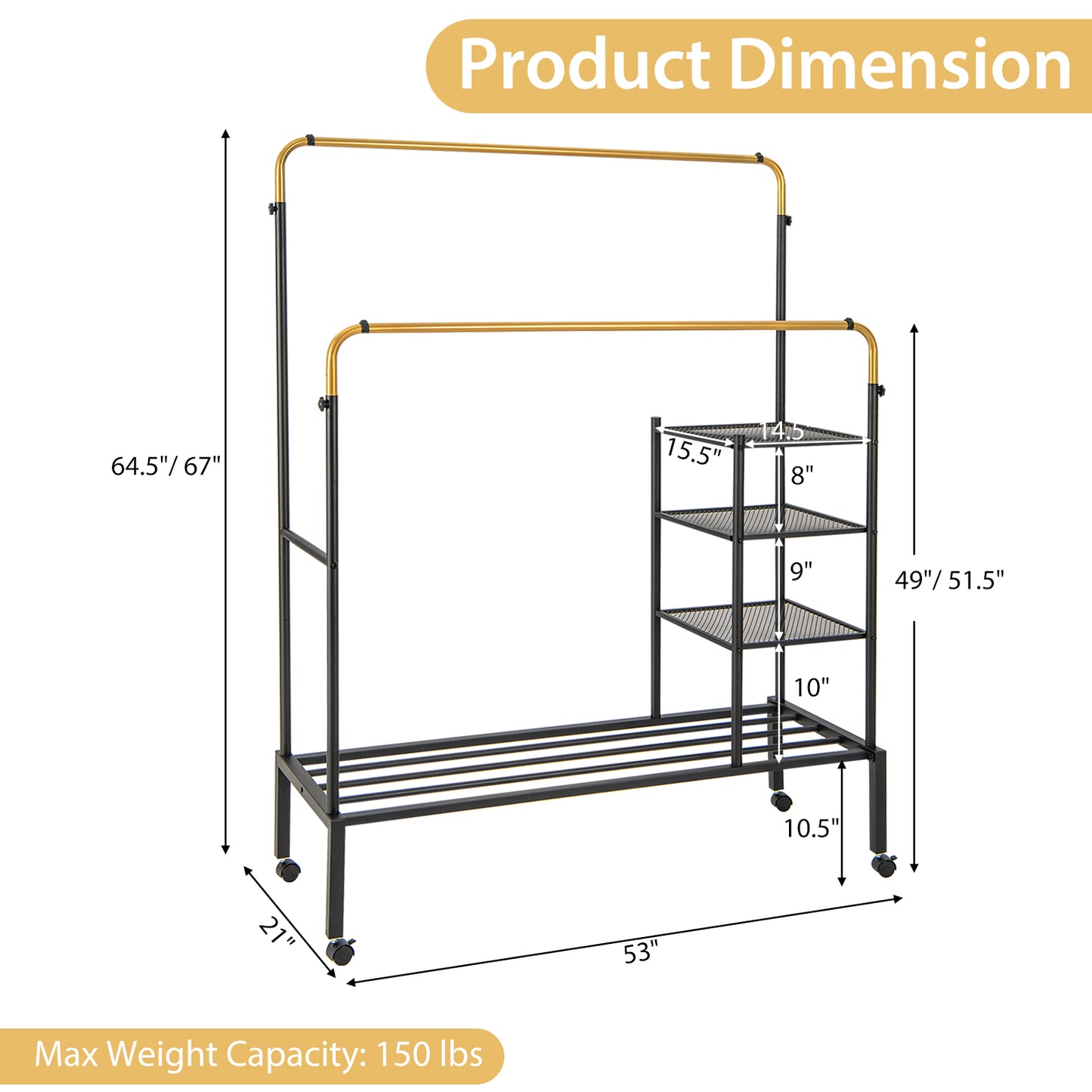 Rolling Double Rod Garment Rack with Adjustable Height, Shelves & Gold Finish - Portable Clothing Organizer