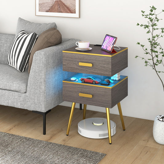 Modern Nightstand with Charging Station, 2 Drawers & LED Lights