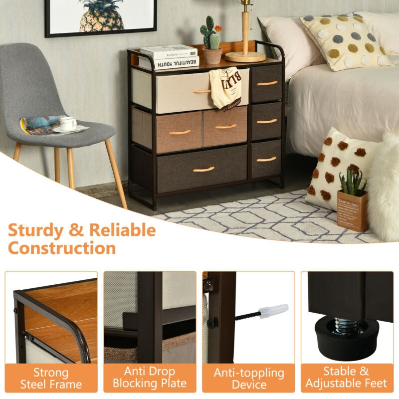 Fabric Dresser Storage Chest with 7 Drawers and Wooden Top for Bedroom or Entryway