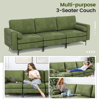 Modular 3-Seat Sofa Couch with USB Ports, Power Outlet and Storage Pocket in Green