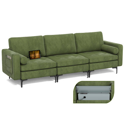 Modular 3-Seat Sofa Couch with USB Ports, Power Outlet and Storage Pocket in Green