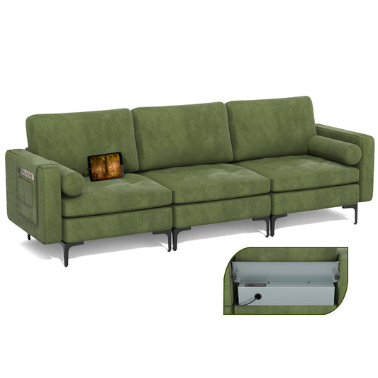 Modular 3-Seat Sofa Couch with USB Ports, Power Outlet and Storage Pocket in Green
