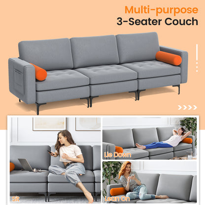 Modular 3-Seat Sofa Couch with USB Ports, Power Outlet and Storage Pocket in Grey