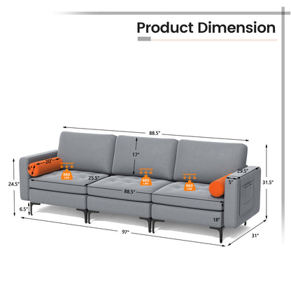 Modular 3-Seat Sofa Couch with USB Ports, Power Outlet and Storage Pocket in Grey