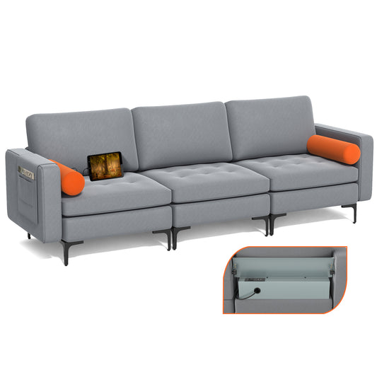 Modular 3-Seat Sofa Couch with USB Ports, Power Outlet and Storage Pocket in Grey