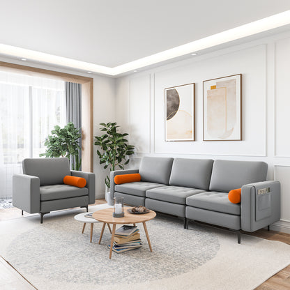 Modular 3-Seat Sofa Couch with USB Ports, Power Outlet and Storage Pocket in Grey
