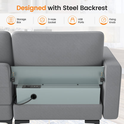Modular 3-Seat Sofa Couch with USB Ports, Power Outlet and Storage Pocket in Grey