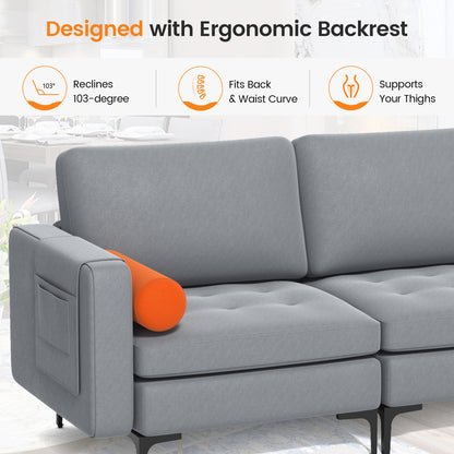 Modular 3-Seat Sofa Couch with USB Ports, Power Outlet and Storage Pocket in Grey