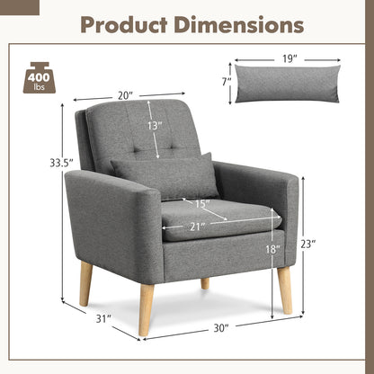 Ergonomic Accent Chair with Lumbar Pillow, Rubber Wood Legs, and Padded Cushions – Grey