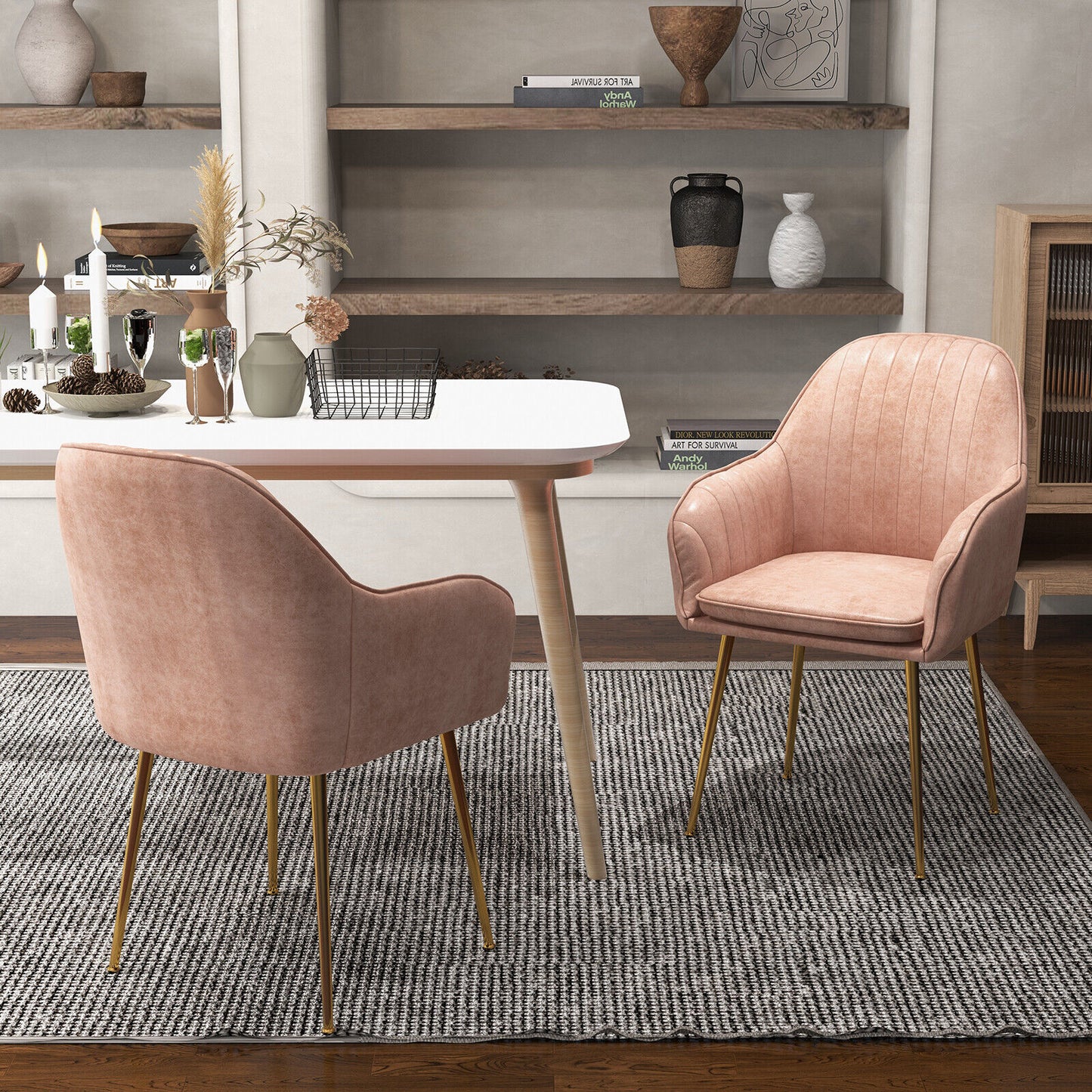Set of 2 Modern Accent Chairs with Removable Cushions and Gold Metal Legs, Pink