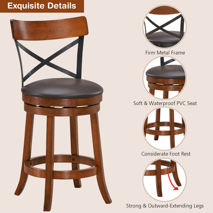 Set of 2 Swivel Bar Stools with Curved Backrest and Solid Rubberwood Legs, 25 Inch Seat Height