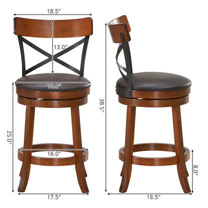 Set of 2 Swivel Bar Stools with Curved Backrest and Solid Rubberwood Legs, 25 Inch Seat Height