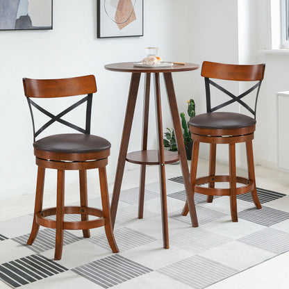 Set of 2 Swivel Bar Stools with Curved Backrest and Solid Rubberwood Legs, 25 Inch Seat Height