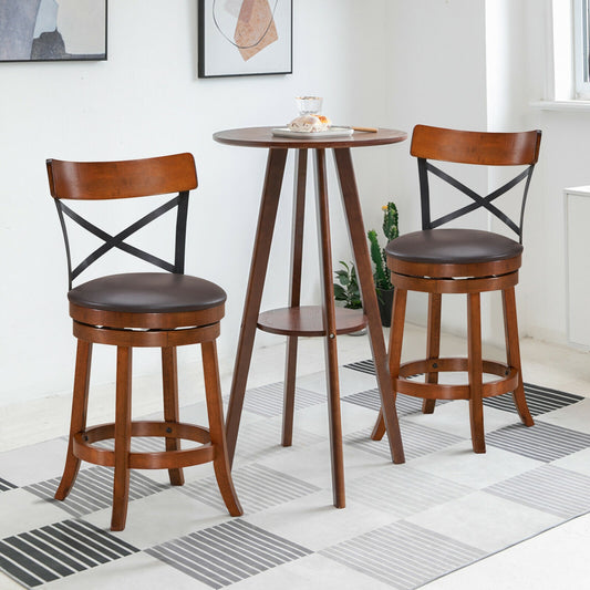 Set of 2 Swivel Bar Stools with Curved Backrest and Solid Rubberwood Legs, 25 Inch Seat Height