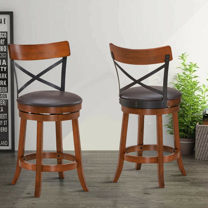 Set of 2 Swivel Bar Stools with Curved Backrest and Solid Rubberwood Legs, 25 Inch Seat Height