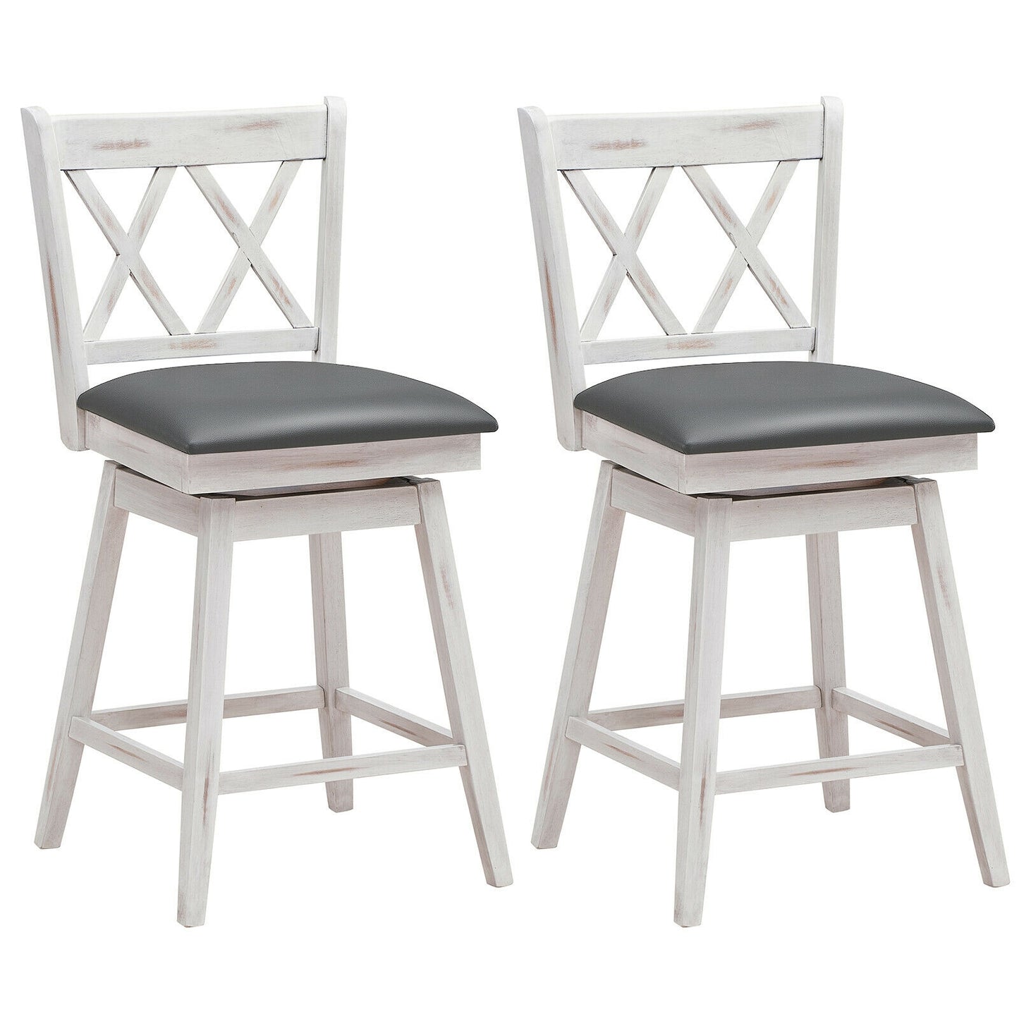 Counter Height Bar Stools Set of 2 with 24 Inch Swivel Seat and White Rubber Wood Frame