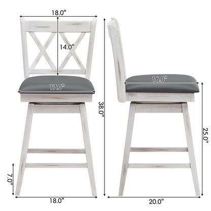 Counter Height Bar Stools Set of 2 with 24 Inch Swivel Seat and White Rubber Wood Frame
